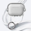 A white silicone lock case for AirPods is shown resting on a smooth, white surface.