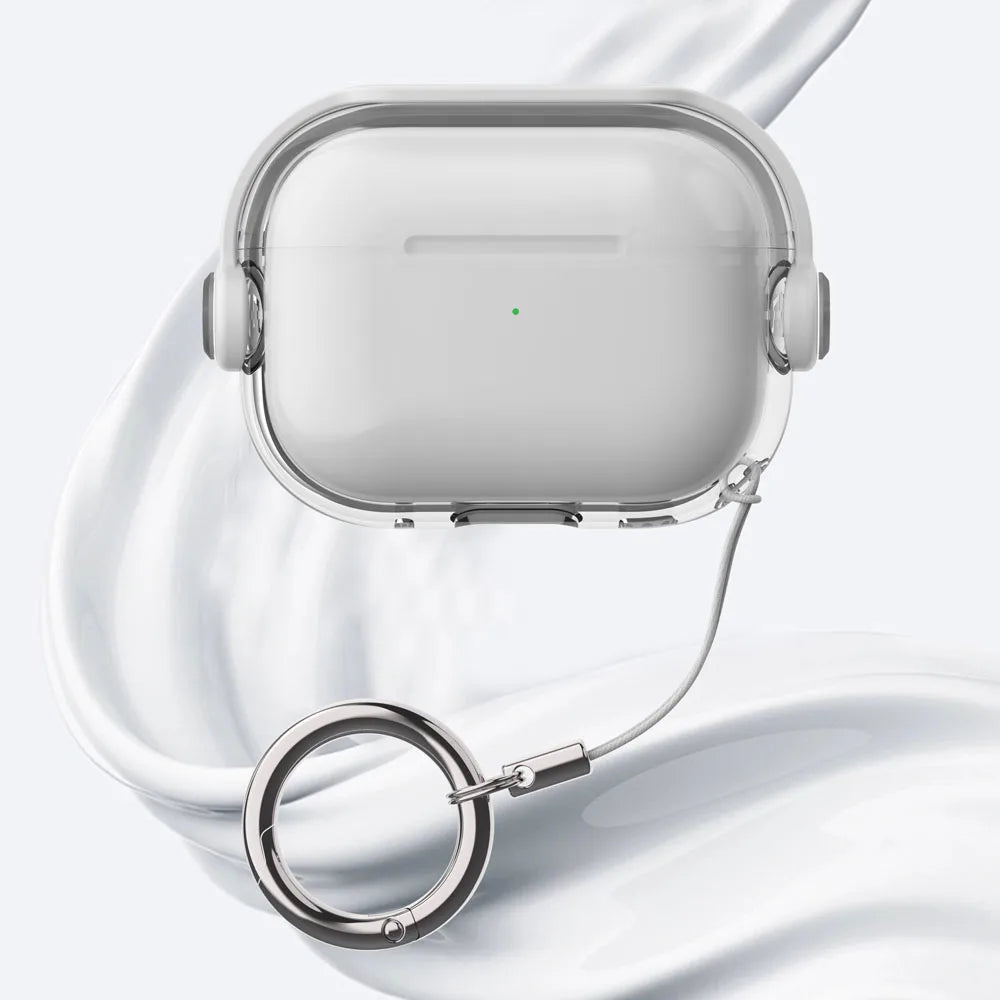 A white silicone lock case for AirPods is shown resting on a smooth, white surface.