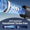 A close-up view of a handheld turbo fan with blue swirling air visible through the lens.
