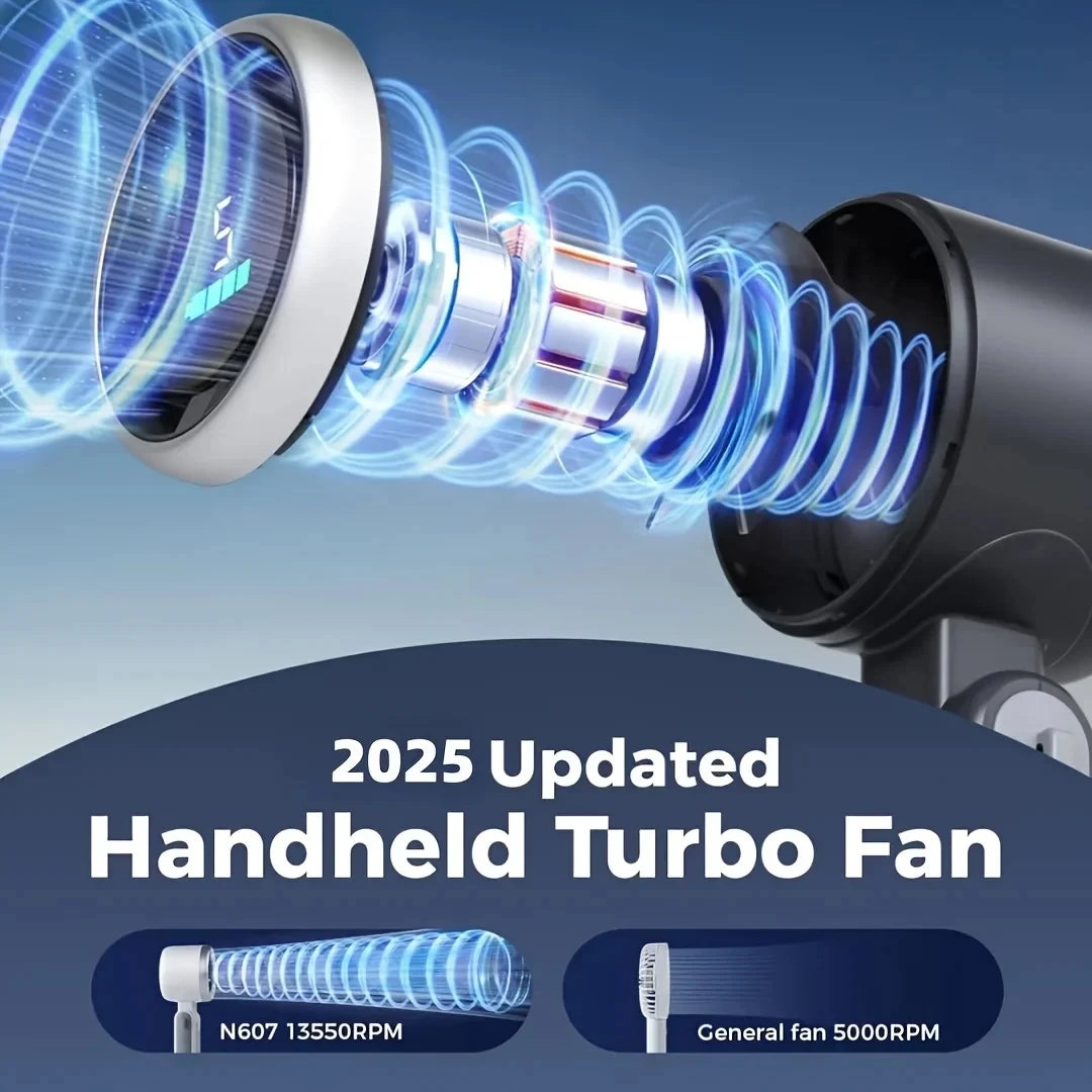 A close-up view of a handheld turbo fan with blue swirling air visible through the lens.