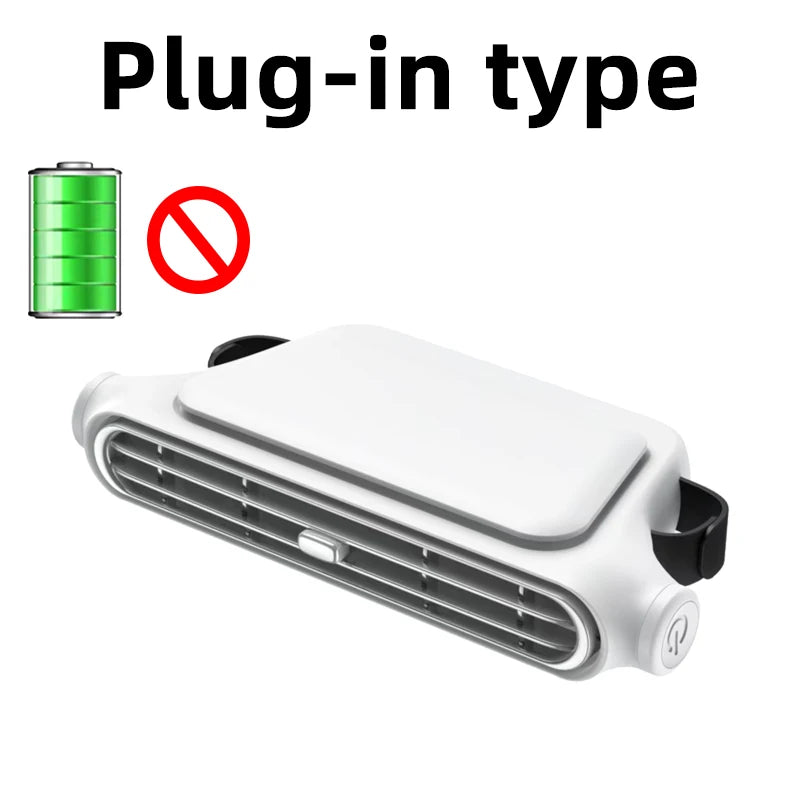 A white plug-in type portable USB rechargeable car cooling fan with a grille.