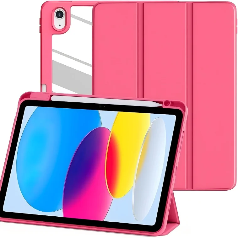 A pink multi-device protective case for an iPad showing a colorful screen and matching pink cover.