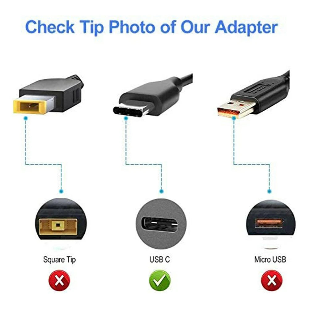 Comparison photo showing different tips of a universal 65W USB-C AC adapter for laptops.