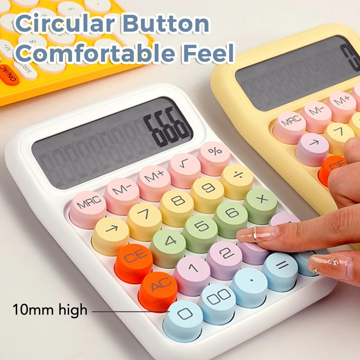 A white 12-digit desktop calculator with colorful mechanical buttons and a yellow base is shown.
