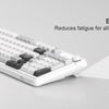 A white membrane keyboard with gray and black keys is shown next to a mouse, illustrating ergonomic design features.