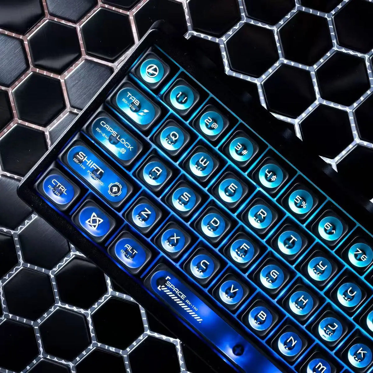 A close-up view of a mechanical keyboard featuring translucent blue keycaps with a cat eye stone theme.