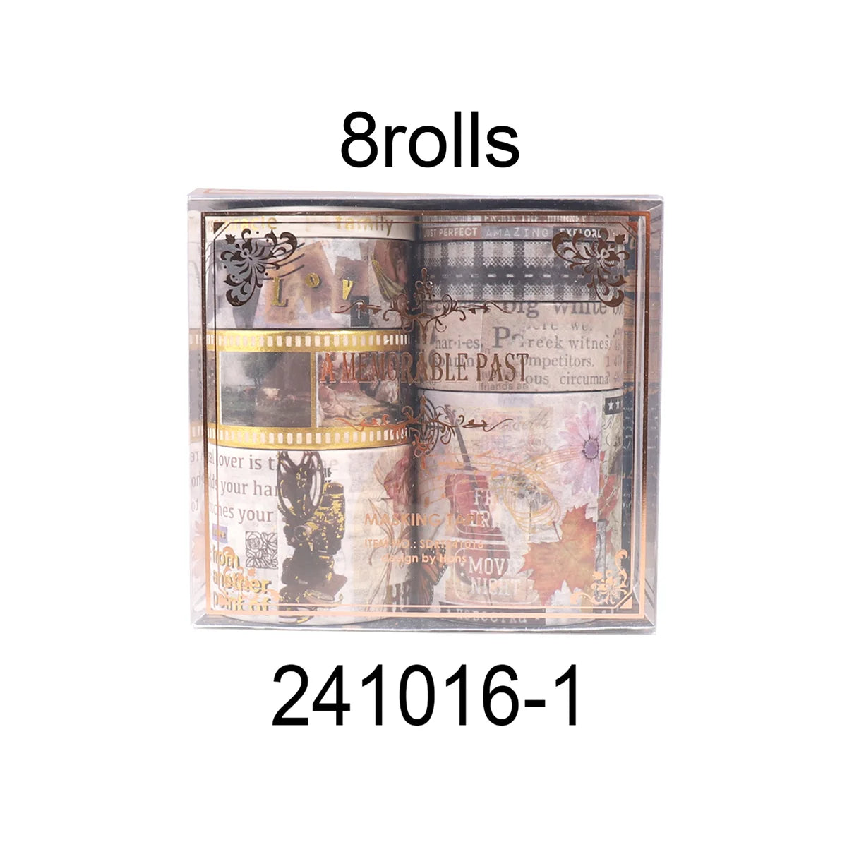A set of 8 rolls of metallic gold washi tape for journaling and crafts.