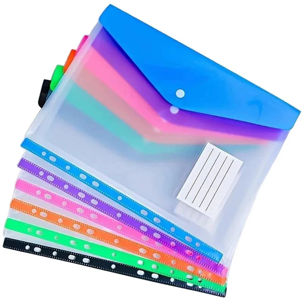 A stack of clear plastic file bags with colored folders and binding rings for organizing documents