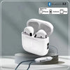 A white charging case for True Buds 5 Bluetooth 5.3 wireless earphones with a cable connected.