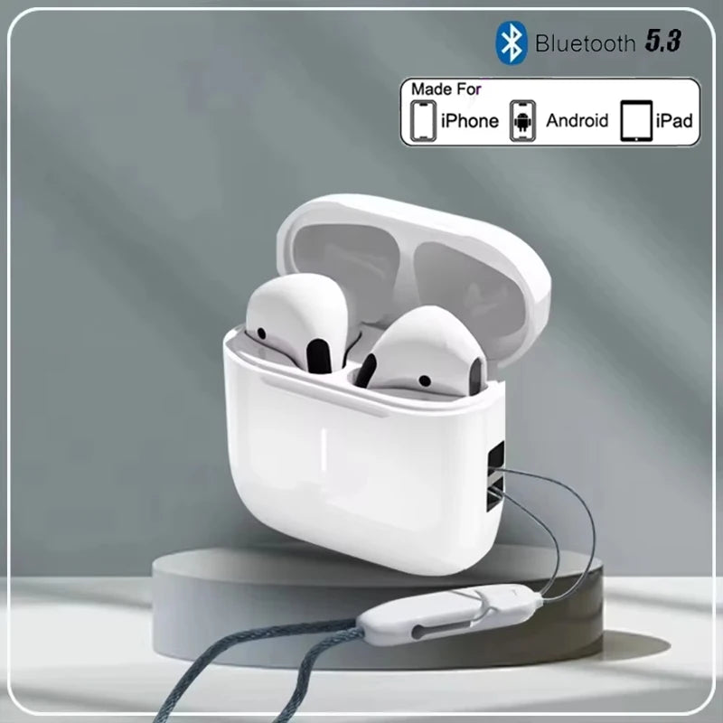 A white charging case for True Buds 5 Bluetooth 5.3 wireless earphones with a cable connected.