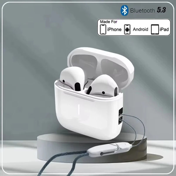 A white charging case for True Buds 5 Bluetooth 5.3 wireless earphones with a cable connected.