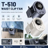 A T-510 waist clip fan in gray and white is shown with various angles, including a close-up of the device and its use on a pe