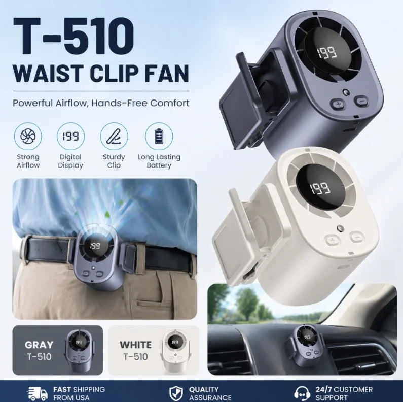 A T-510 waist clip fan in gray and white is shown with various angles, including a close-up of the device and its use on a pe