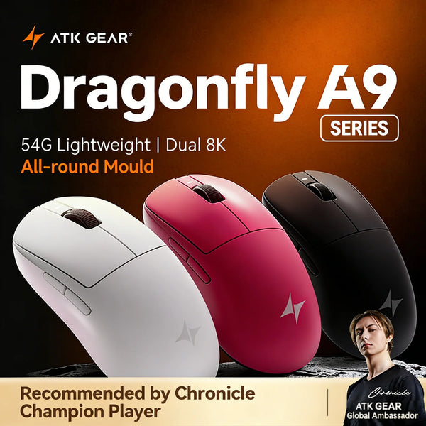 Three Dragonfly A9 gaming mice in white, pink, and black are displayed with a male player beside them.