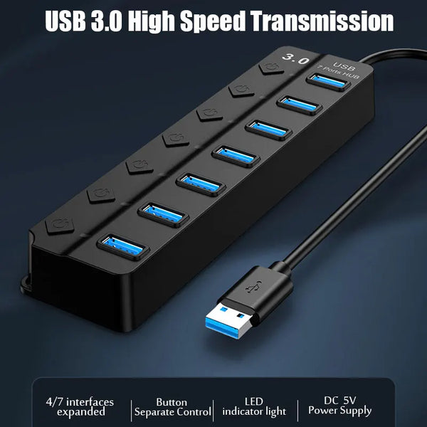 A black 7-port USB hub with individual power switches and LED indicators shown next to its cable.