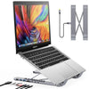 A MacBook Pro laptop is shown alongside a USB-C docking station and an adjustable laptop stand.