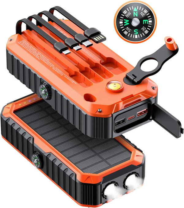 An orange multi-function solar power bank with a black solar panel and an indicator dial.