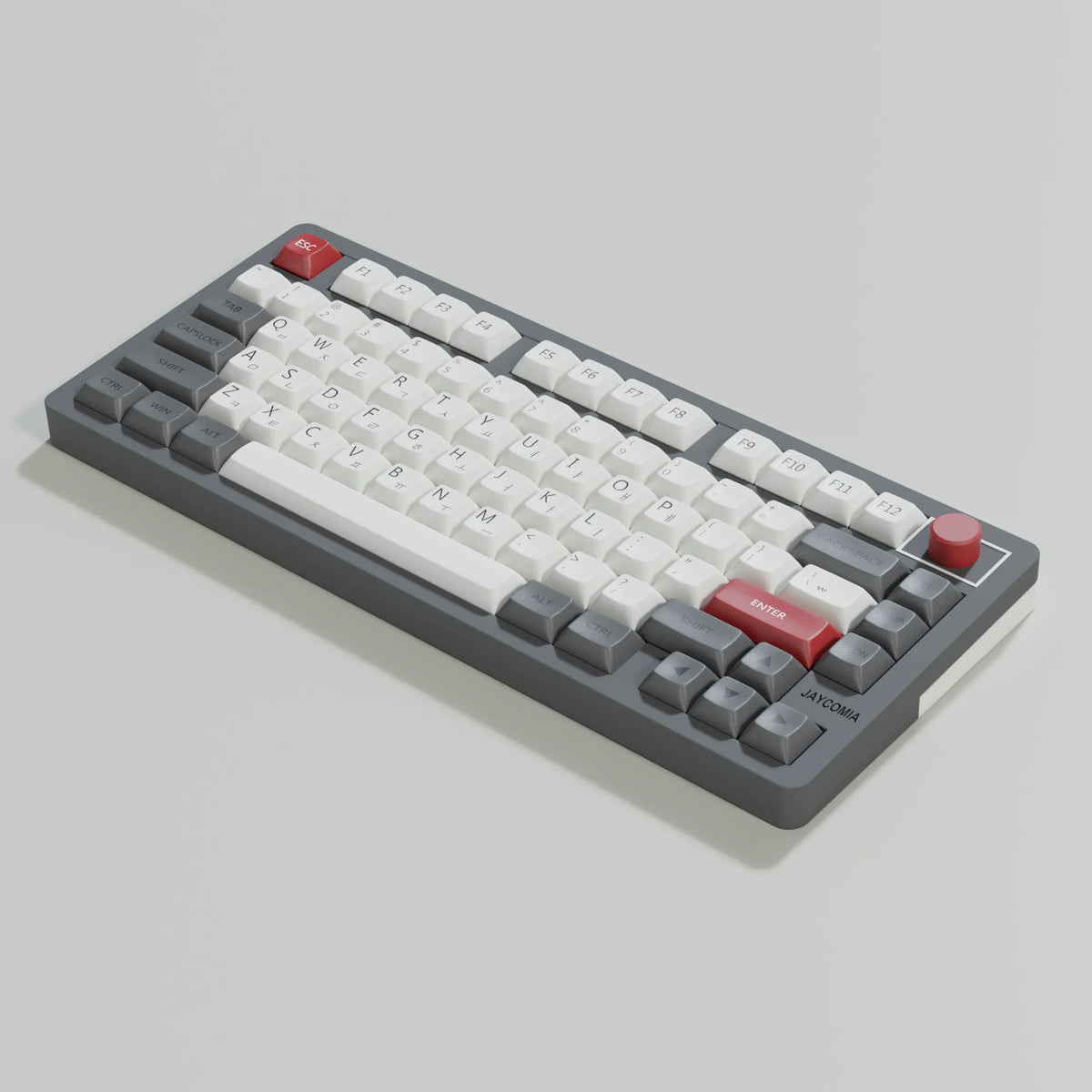 A gray mechanical keyboard featuring retro NES style PBT keycaps with red modifiers.
