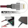 A silver Lightning cable with a braided connector is shown next to a smartphone charging port.