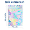 Size comparison showing the dimensions of a holographic resealable mylar bag.