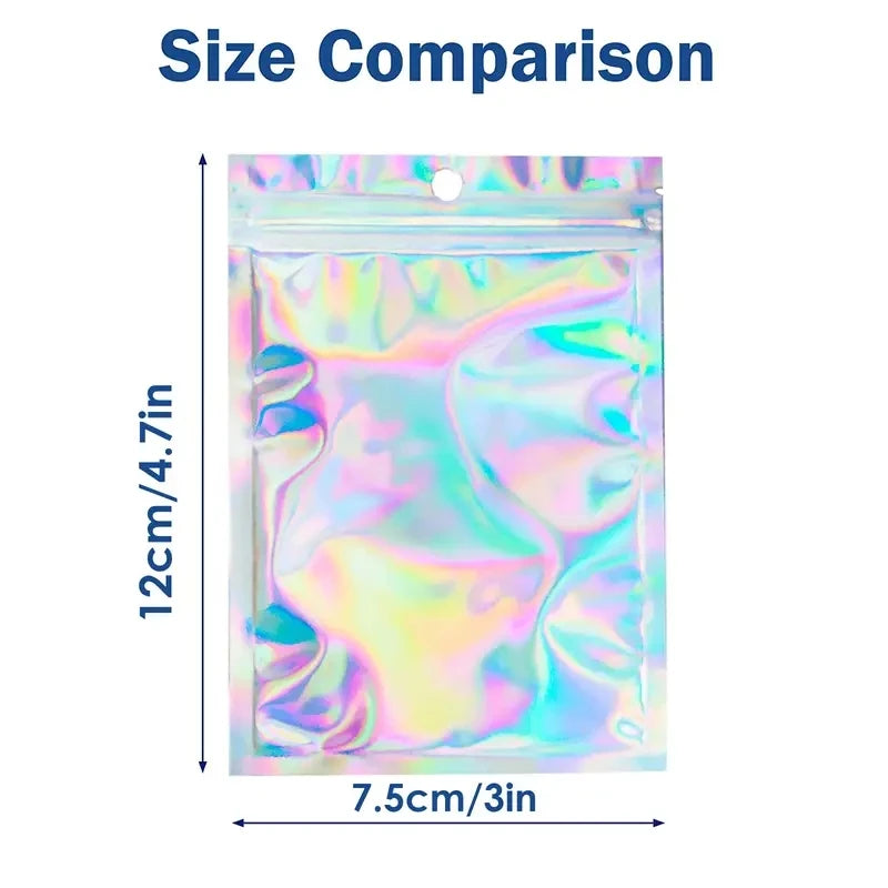 Size comparison showing the dimensions of a holographic resealable mylar bag.
