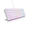 A white compact wired keyboard with purple and blue RGB backlighting is shown from a slight angle.