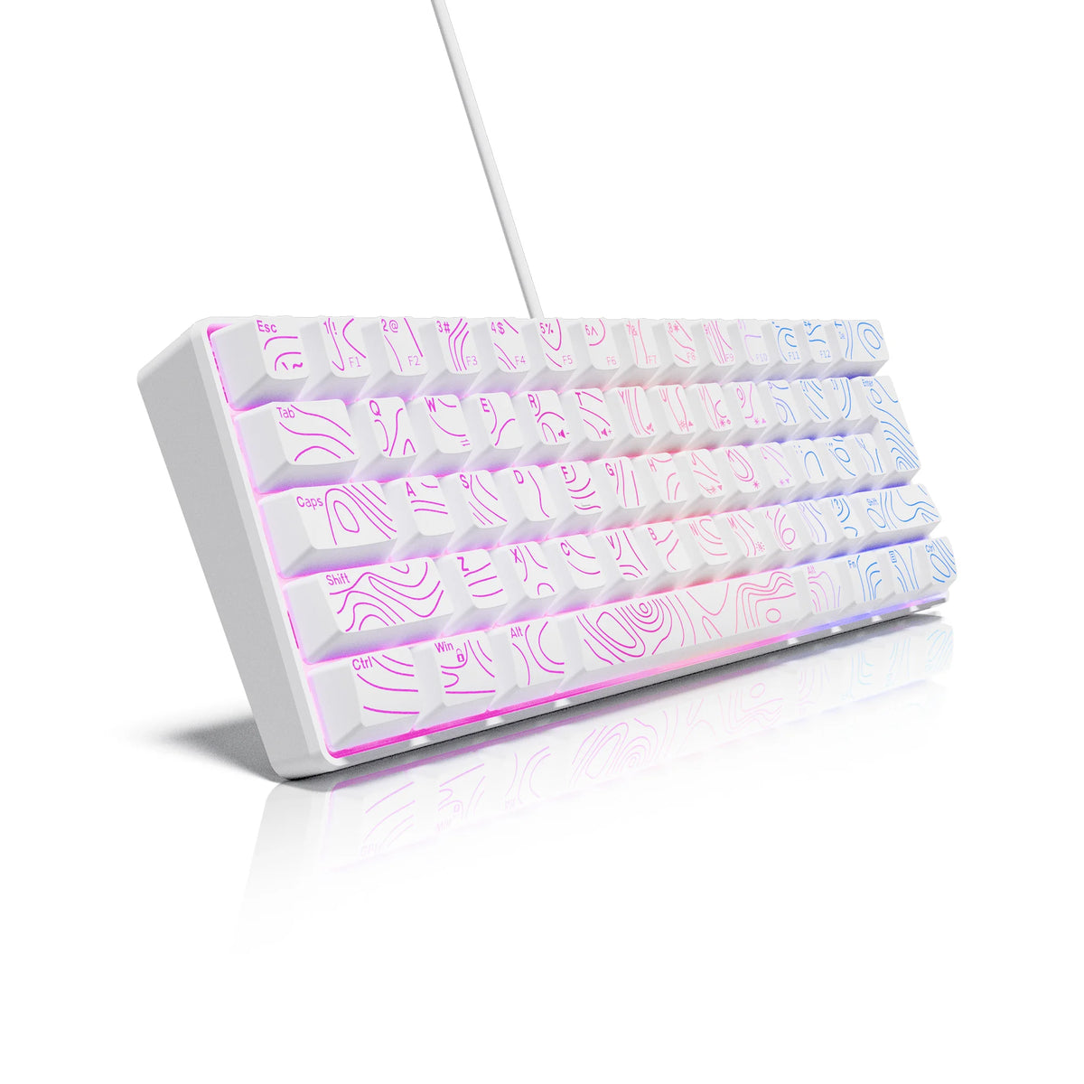 A white compact wired keyboard with purple and blue RGB backlighting is shown from a slight angle.