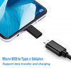 A black adapter converting a USB Type-C port to a Micro USB port for data transfer and charging.