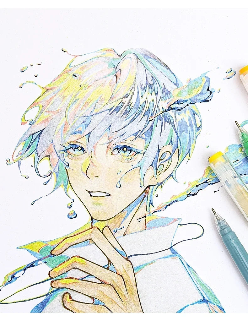A detailed colored pencil drawing of a young man with light blue hair and blue eyes, holding a pen.