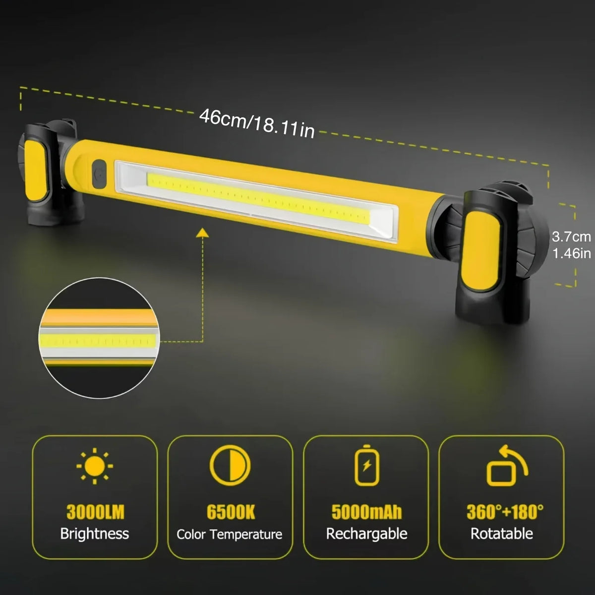 A yellow and black magnetic rechargeable LED work light with a 46cm length and 360 degree rotation.