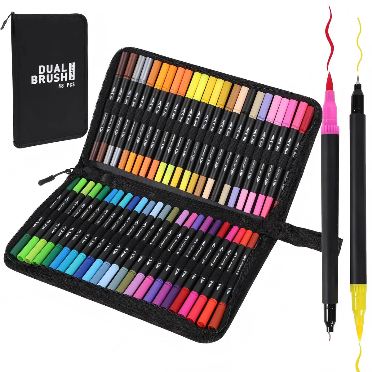 A black zippered case containing a set of 36 dual-tip brush markers in various vibrant colors.