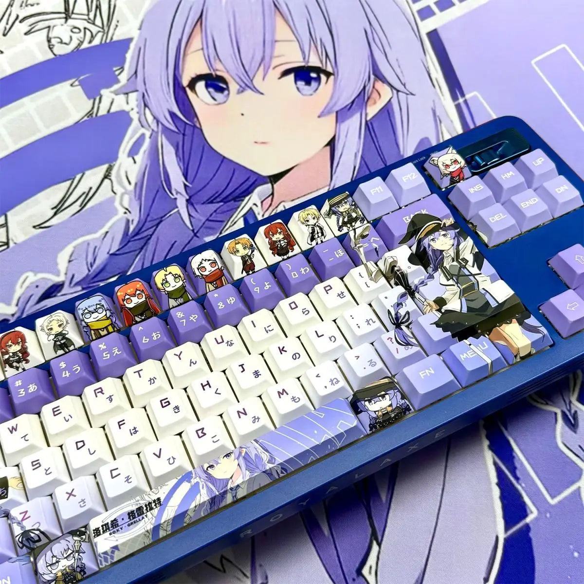 A close-up of a mechanical keyboard featuring custom dye-sublit keycaps and a light purple anime character design.