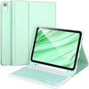 A light mint green protective case and keyboard for an iPad Air tablet.