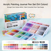 A box and several sets of acrylic painting gel pens are displayed on a light blue surface.