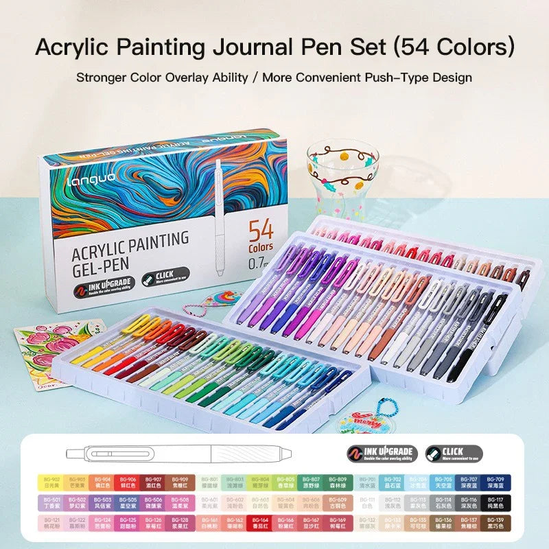 A box and several sets of acrylic painting gel pens are displayed on a light blue surface.