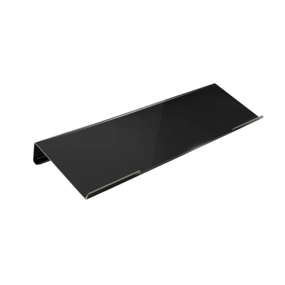 A black acrylic keyboard riser stand with an ergonomic wrist rest.