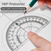 A hand uses a green protractor to measure an angle on a sheet of paper.