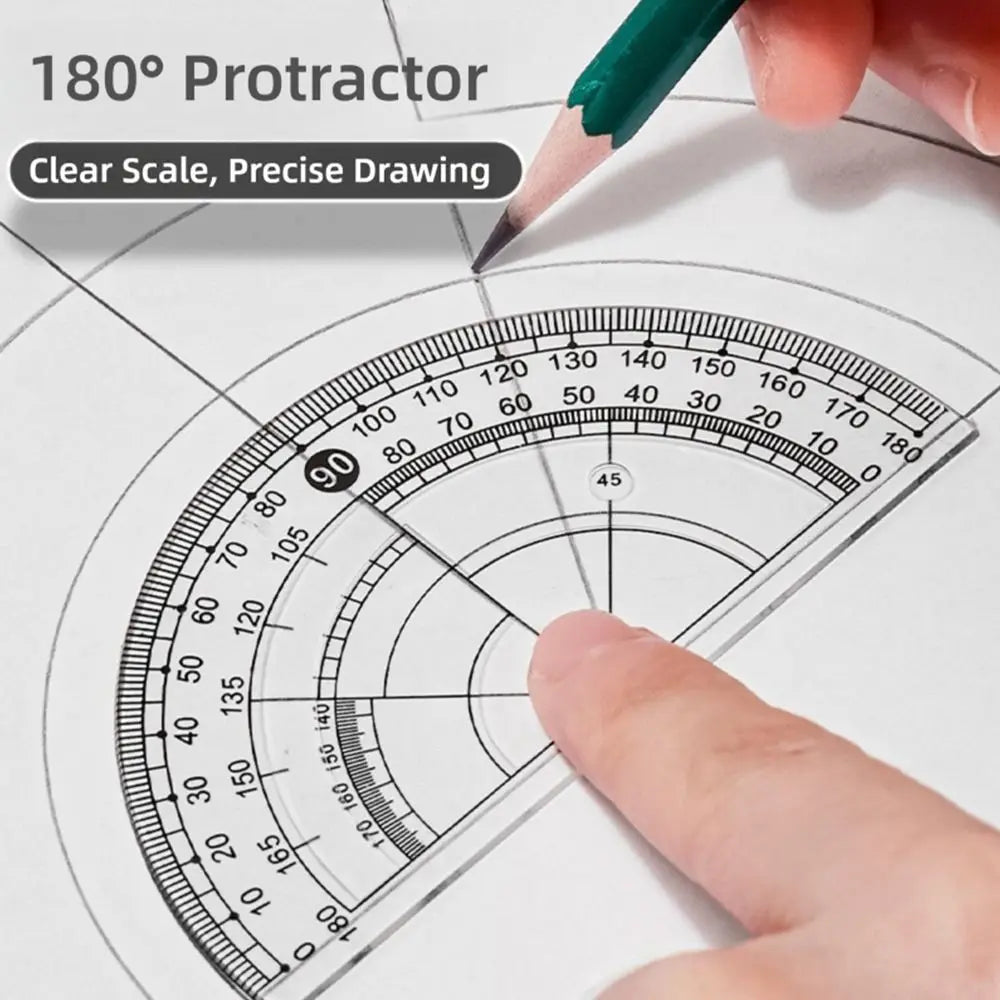 A hand uses a green protractor to measure an angle on a sheet of paper.