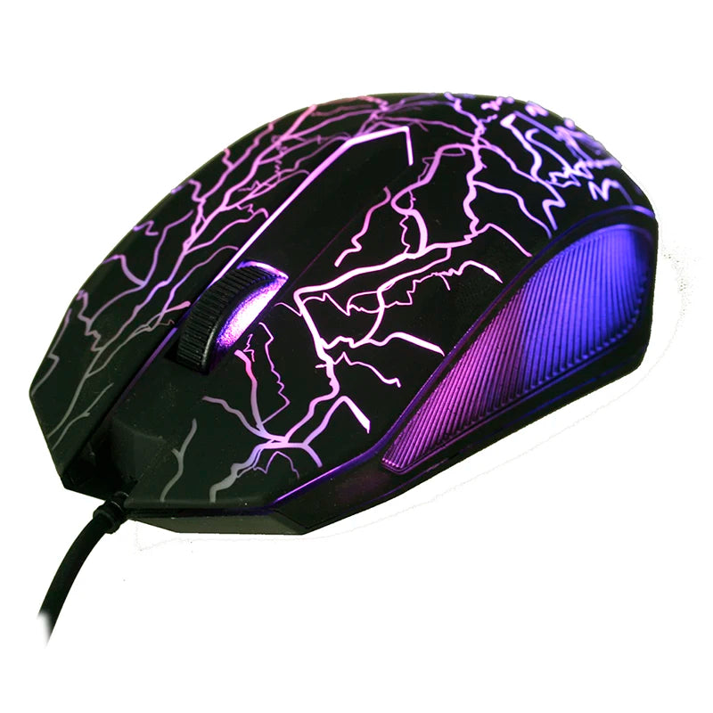A black ergonomic gaming mouse featuring purple lightning bolt patterns and LED lighting.