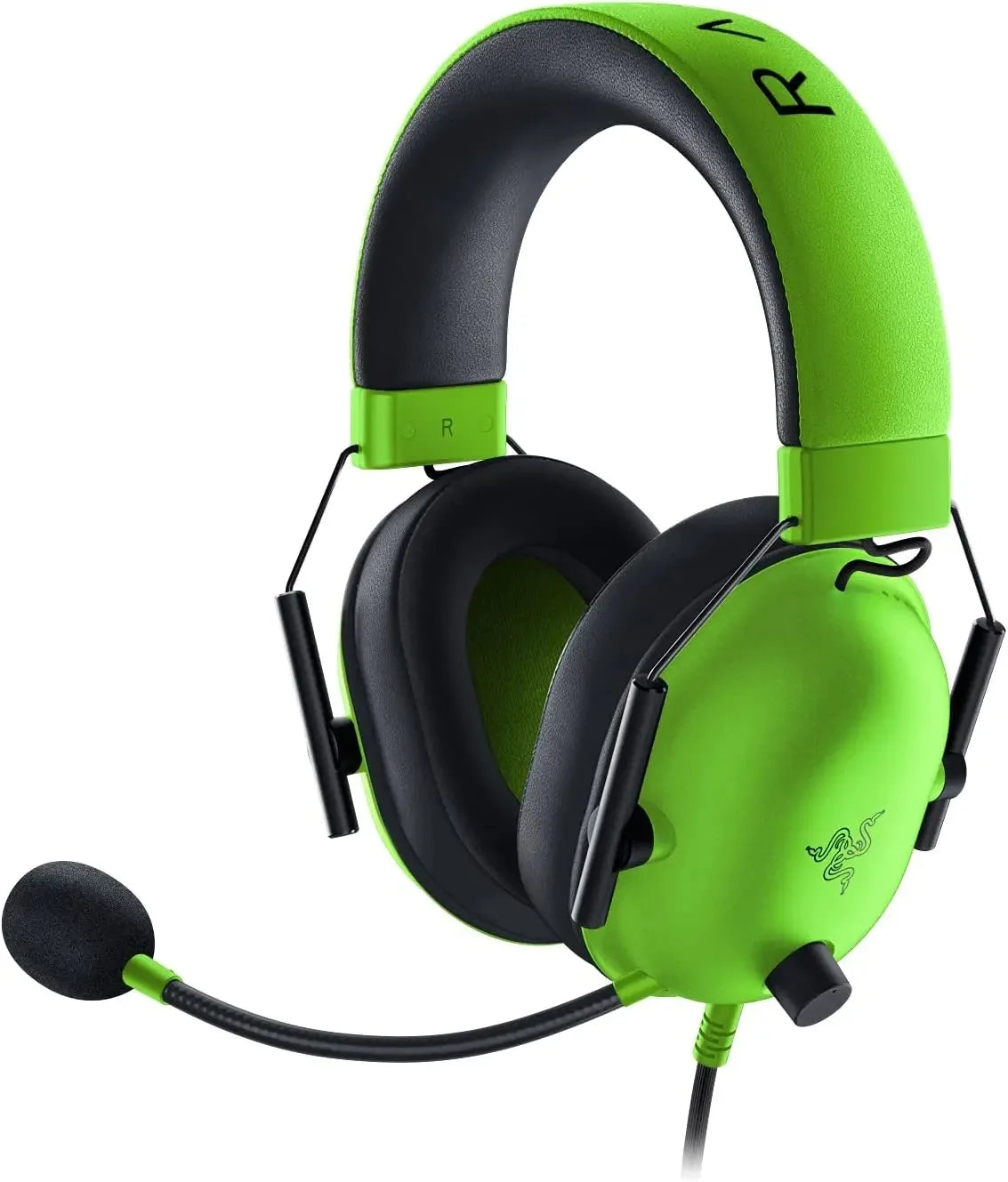 A bright lime green Razer BlackShark V2 X gaming headset with black earcups and a flexible cable.