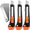 Three orange and black retractable utility box cutters are shown in various angles.