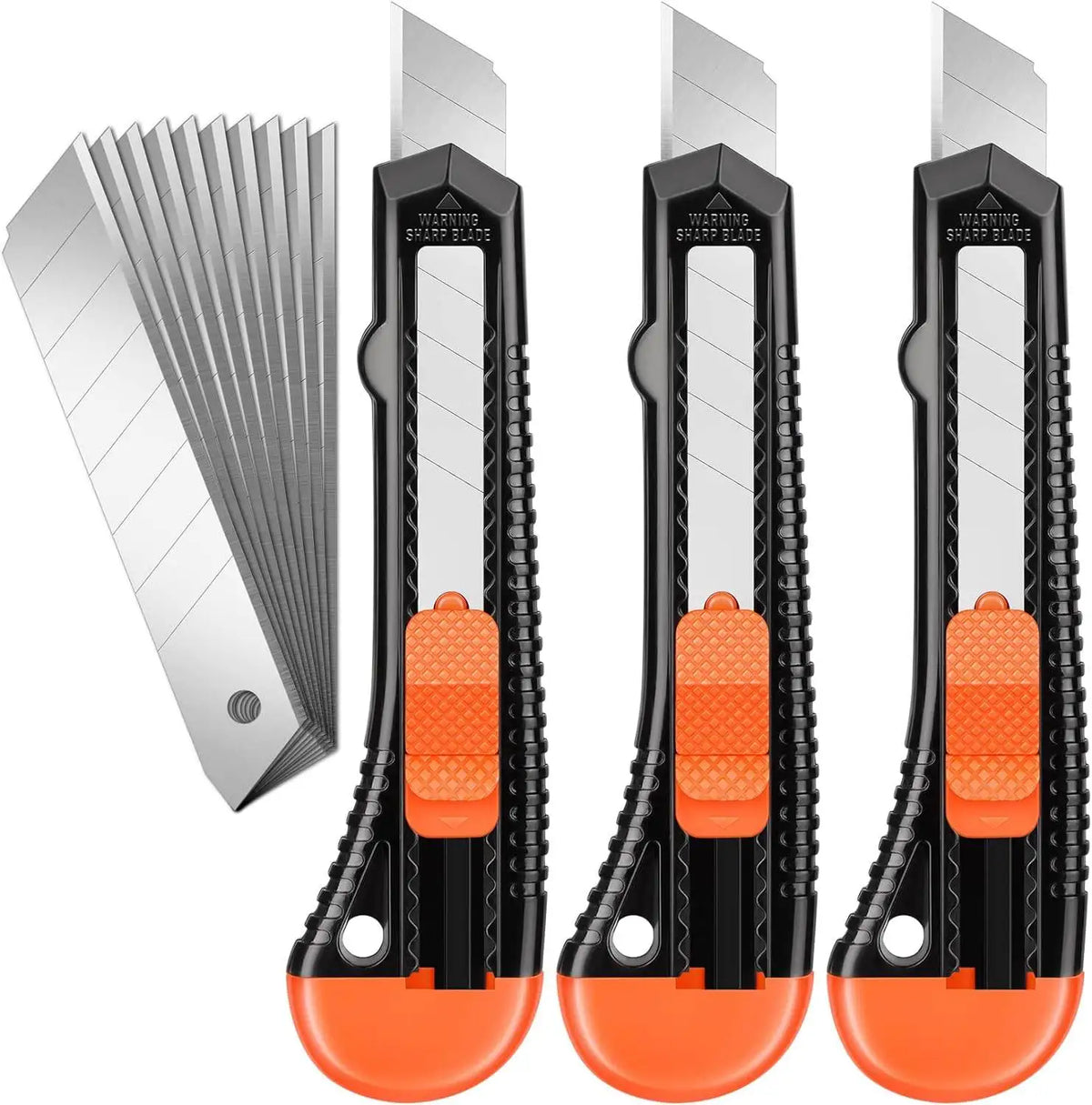 Three orange and black retractable utility box cutters are shown in various angles.