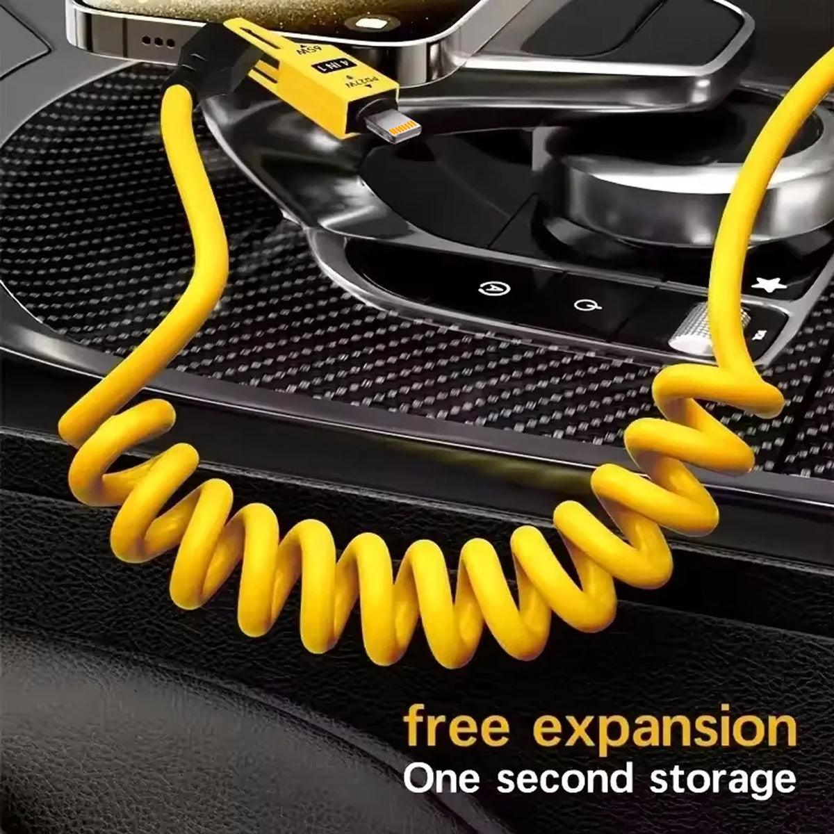 Yellow retractable fast charging cable with a USB-C adapter shown on a black device.
