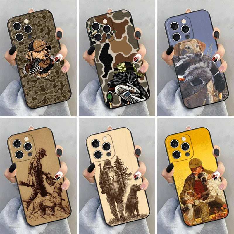 A collection of phone cases featuring various hunting dog designs and camouflage patterns for an iPhone.