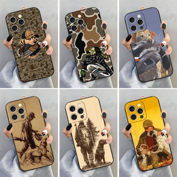 A collection of phone cases featuring various hunting dog designs and camouflage patterns for an iPhone.