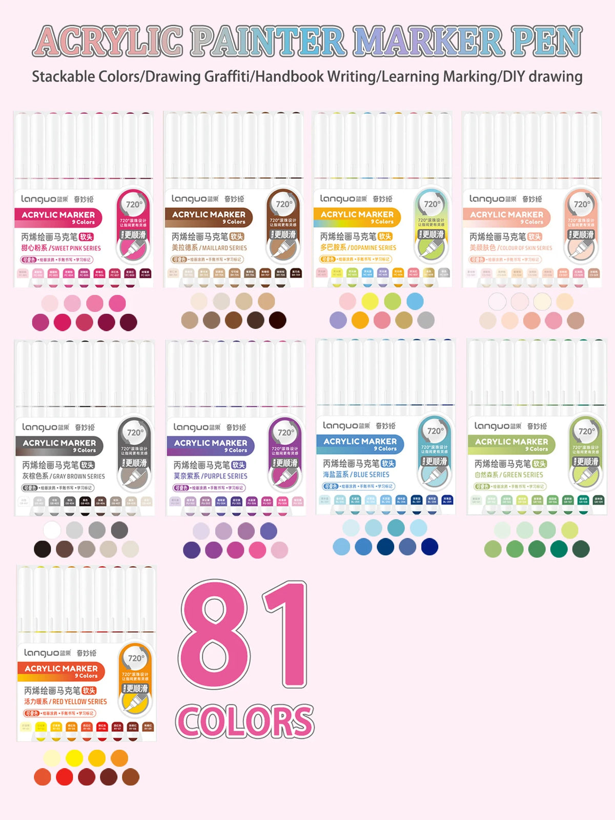 A display of 81 colors of acrylic paint marker pens in various sets for drawing, writing, and DIY projects.