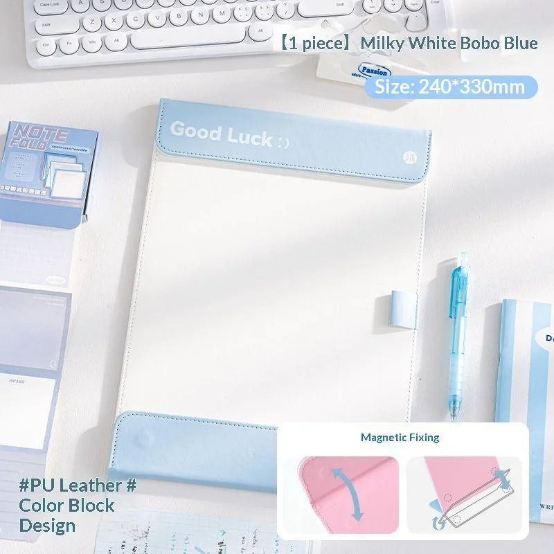 A light blue A4 leather clipboard with a magnetic closure and contrast stitching is shown on a white surface.