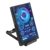 A black mini secondary monitor displaying various PC performance statistics and system information on a screen.