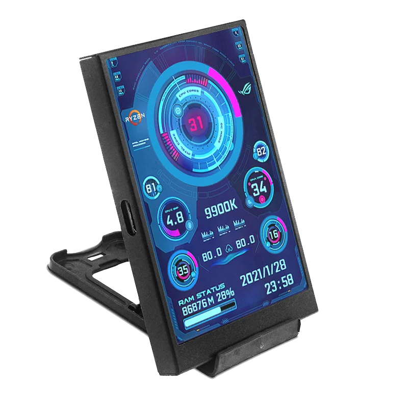 A black mini secondary monitor displaying various PC performance statistics and system information on a screen.