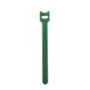 A green reusable nylon cable organizer tie with a loop at the top.